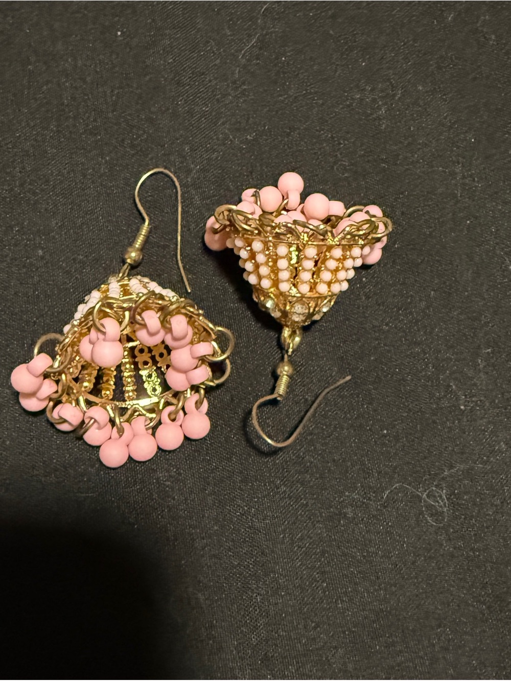 Gold-Tone Jhumka Earrings with Pink Bead Fringe